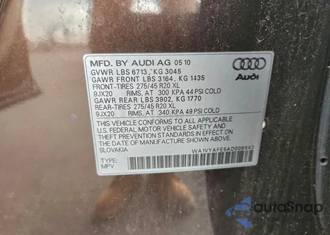 2010 Audi Q7 Prestige из США, поврежденный, VIN WA1VYAFE5AD008543